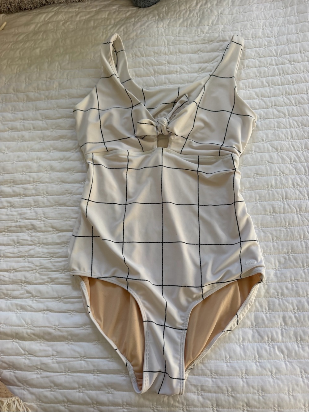 Albion Fit Top knot windowpane white one piece swimsuit